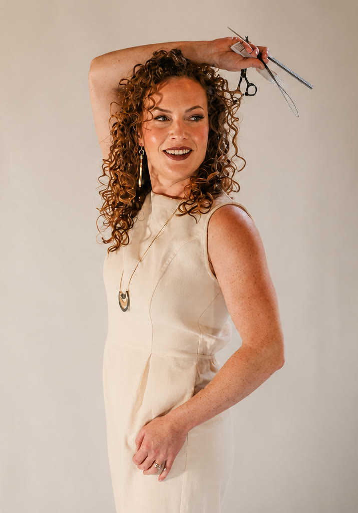 Cristin holding shears, founder of Interlaced Beauty
