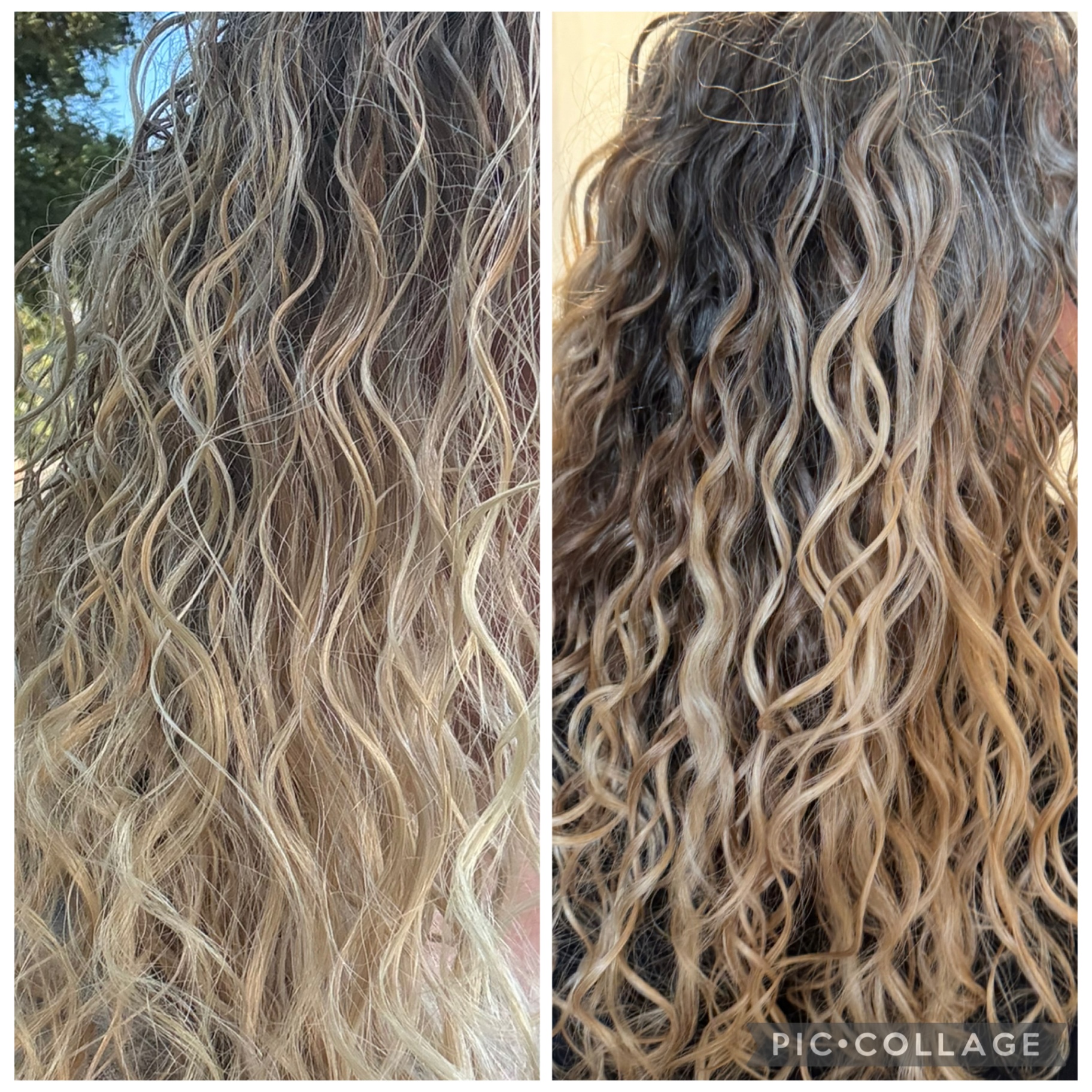 Before and after curly hair transformation showing defined waves