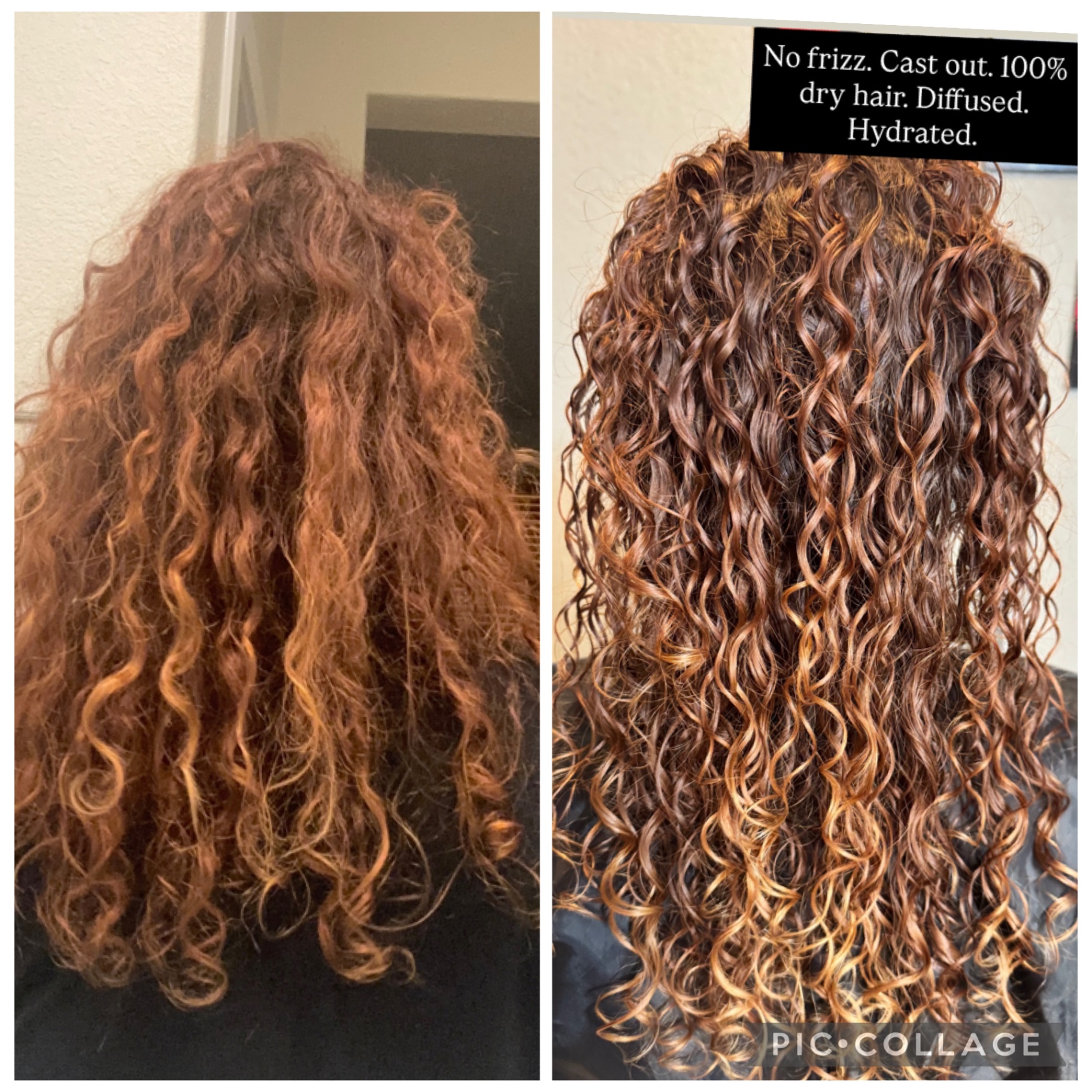 Before and after curly hair transformation, frizz-free hydrated curls