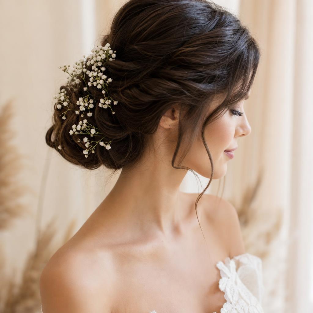 Romantic bridal updo with baby's breath florals