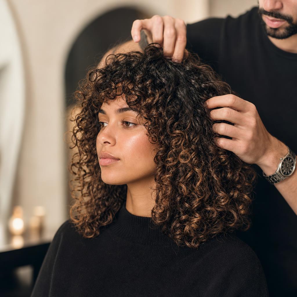Stylist shaping defined natural curls in studio