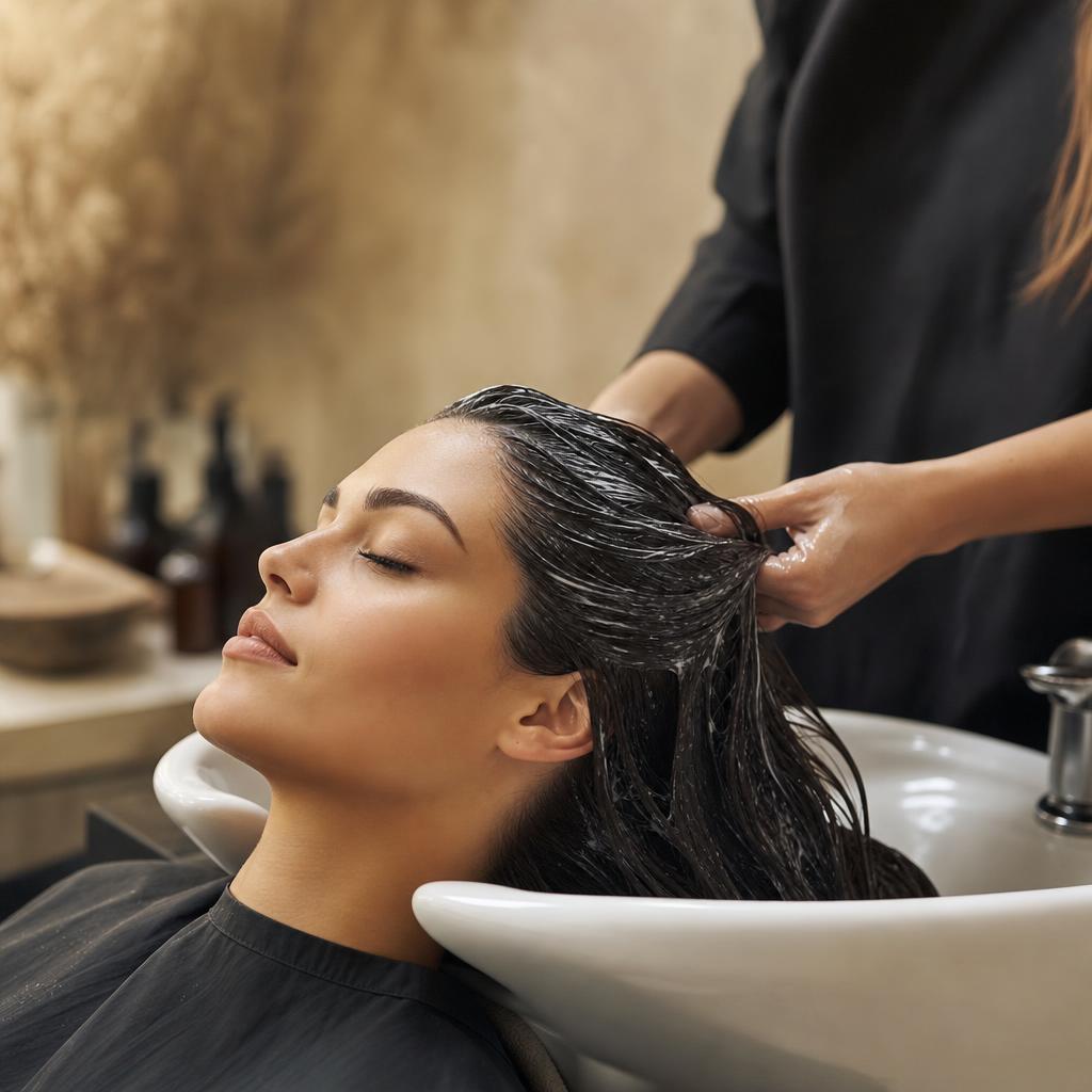 Relaxing deep conditioning treatment at the wash basin